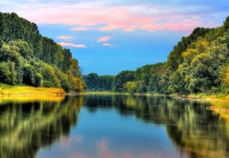 Silent river - lakeshore, autumn, lake, sky, trees, riverbank, shore, silent, calm, nature, tranquility, calmness, river, clouds