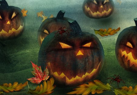 Jack O Lanterns and Spiders - autumn, jack o lantern, spiders, night, field, mist, halloween, pumpkins, fall, fog, leaves, grass, creepy crawley, spooky, lights