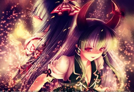 Touhou - women, longhair, horns, devil, glowing, red, cute, soul, demon