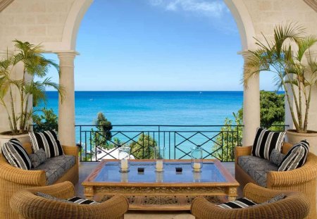 Barbados - ocean, barbados, beach, terrace, candles, chairs, couch, tables, house