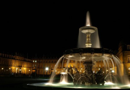 Fountain in Stuttgart - pretty, nighttime, water, fountain, beautiful, night, sculpture, lights, stuttgart, statue