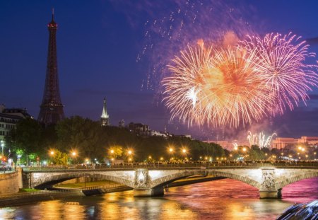 Night in Paris - splendor, city lights, night, reflection, eiffel tower, paris, view, france, fireworks, sky, clouds, trees, water, beautiful, city, beauty, colors, lovely, architecture, buildings, tree, colorful, river, nature, lights, peaceful, bridge, building