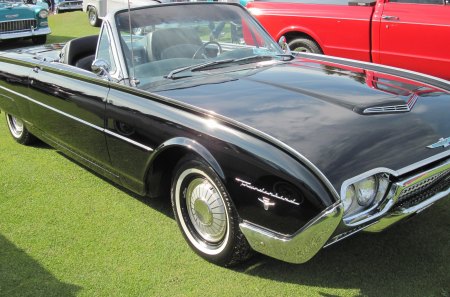 1965 Ford Thunderbird Convertible - red, headlights, ford, black, photography, tires, green, grass