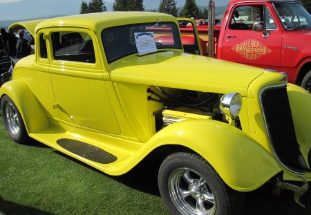 1933 Dodge - headlights, red, black, dodge, yellow, tires, grass, photography, trees, green