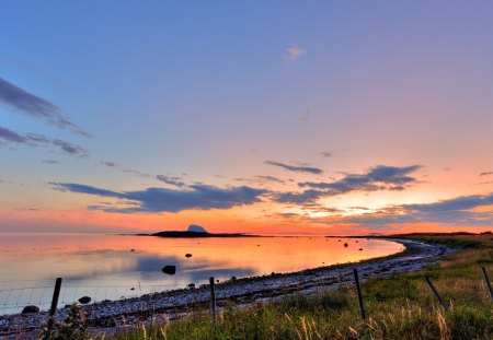 sea coast at sundown - fence, sunset, sea, coast