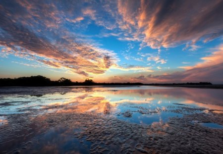 sunset at low tide - clouds, sunset, tide, ripples, sand