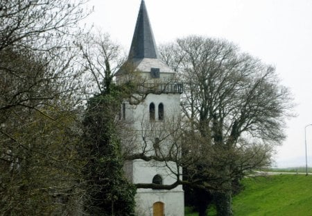 Little white church - white, trees, church, architecture, green, grass, religious