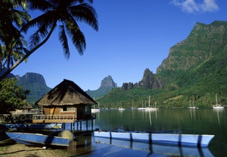 cooks bay moorea tahiti - beach, boats, mountains, bungalows, bay