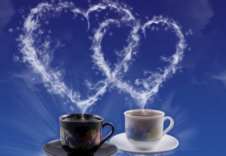 STEAMING HEARTS - cups, steam, blue, coffee, romance, love, companionship, hearts