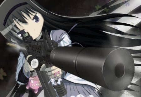 Akemi homura - kyuubey, madoka, homura, akemi, gun, cute girl, shoot