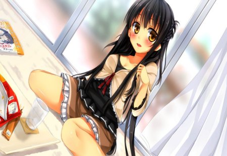 Yuu!!! :) - yellow eyes, skirt, sunshine, girl, blushing, long hair, yuu, black hair, floor, kaguyuu, anime, sweet, cute, school girl