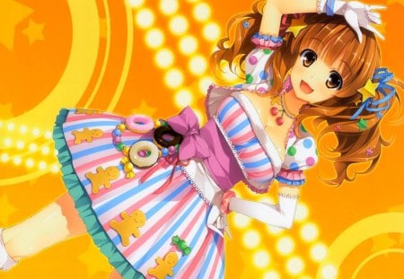 Moroboshi Kirari - big breasts, girl, brown eyes, idolmaster, long hair, candy, yellow, moroboshi kirari, anime, brunette, sweet, cute dress, cute