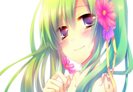 Hatsune Miku!!! - blushing, vocaloid, girl, green hair, pink, long hair, sweet, purple eyes, flowers, miku, cute, hatsune