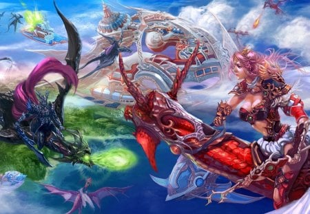 Dragon War - warrior, blue, war, light, pink, man, boy, animal, purple, dragon, red, sky, game, realm, girl, hair, knight, fantasy, white, green, cloud