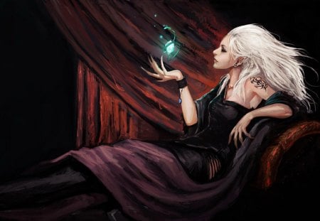 Sorceress - woman, girl, magic, light, fantasy, fire, witch, halloween, sorceress, art, blonde hair, green