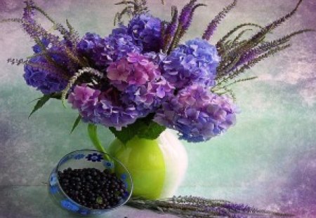 Hydrangeas - nature, purple, pink, blue, hydrangeas, flowers, vase