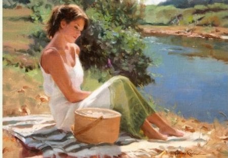 THINKING - thinking, lady, picnic, river