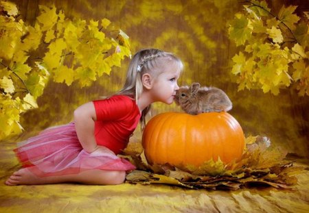 friends with the pumpkin - friends, girl, bunny, pumpkin