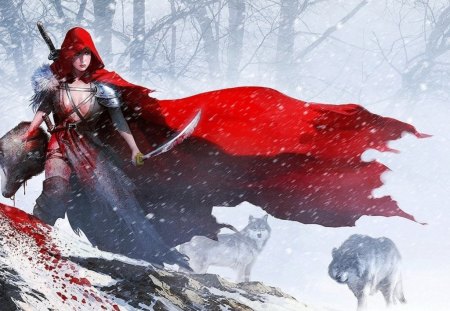 Red Riding Hood - wolves, cape, red, hunter