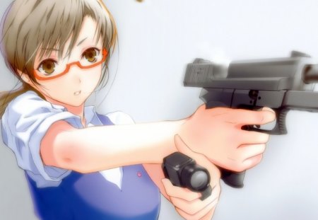 shooter girl - manga, anime, glasses, reload, aiming a gun