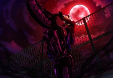 Durarara - motorcycle, manga, anime, night, stars, red moon