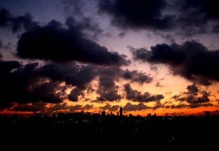 Dark Sunset - sky, sunset, nature, modern, town, dark, clouds, red, city