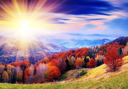 glorious autumn day - sky, forest, hills, sun, autumn