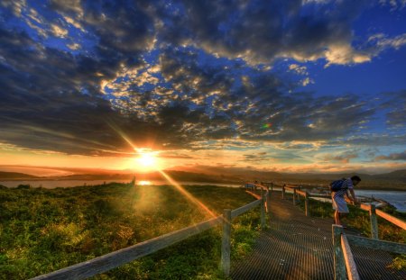 sunset on a scenic walk - path, clouds, river, sunset, grass