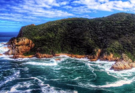 beautiful rugged coast hdr - hill, house, trees, coast, sea