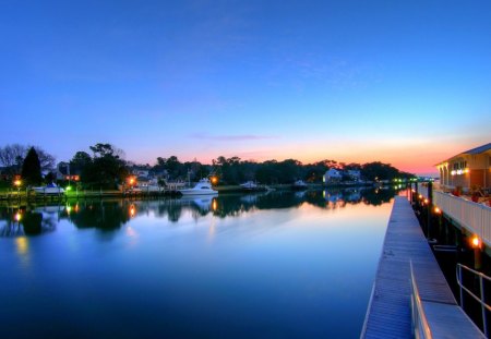 sundown at the river - promenade, sundown, boats, river, lights