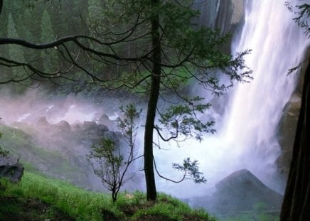 Waterfall - waterfalls, trees, nature, mountain