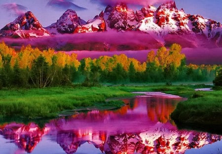 Mountain peaks - pretty, calm, amazing, grass, pink, reflection, mountain, shore, purple, gorgeous, lake, nice, mountainscape, water, snowy, lovely, peaks, slopes, river, frozen, nature