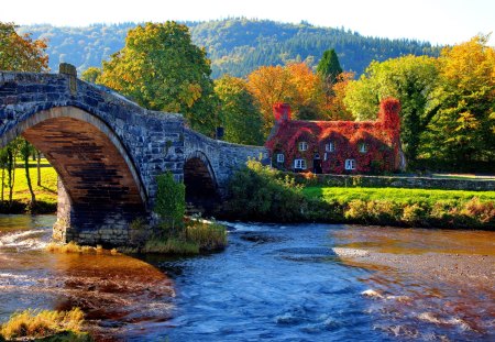 Bridge over river - cabin, stream, reflection, mountain, grassy, shore, floating, riverbank, field, nice, cottage, house, trees, water, beautiful, lovely, river, nature, bridge, park