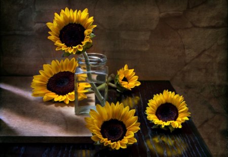 Sunflowers - sunflower, stiull life, beauty, sunflowers, photography, lovely, vase, nature, pretty, petals, beautiful, flowers