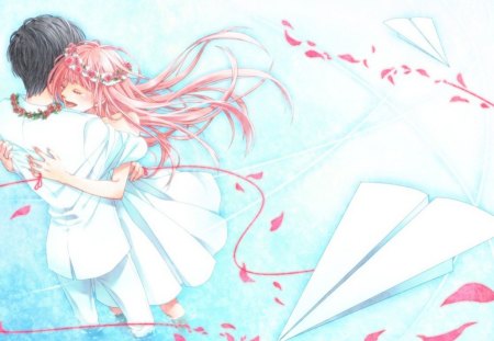 ~Love On Wings~ - beauty, love, art, paper planes, pink petals, couple, anime