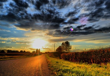 Lovely Sky - nature, sky, fall, clouds, sun, sunset, road