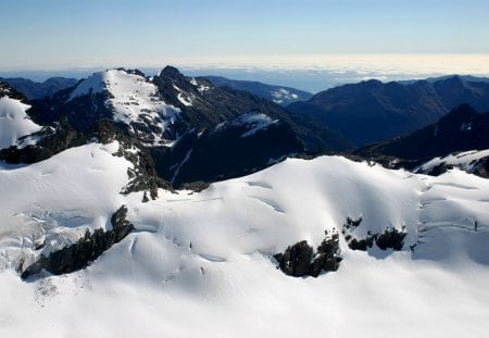 Snowy Peaks - sky, air, mountain, peaks, white, nature, clouds, blue, snowy