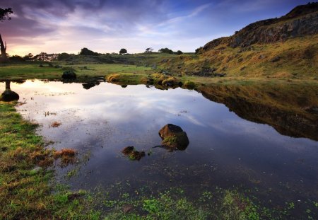 Alpine Pond - water, alpine, quiet, dark, lake, sky, pond, mountain, sunrise