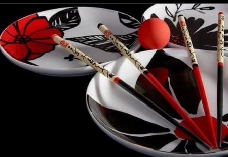 still life in black and red - white, red, wooden chopsticks, black, still life, plates