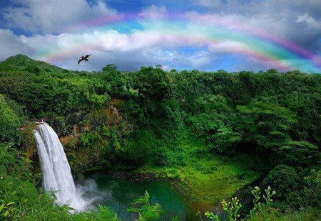 Delicate Rainbow Beauty - nature, rainbow, valley, greenery, waterfall