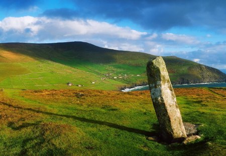 ogham stone county kerr ireland - grass, stone, peninsula, fields