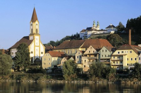 churches in passau bavaria germany - hill, river, trees, churches, town