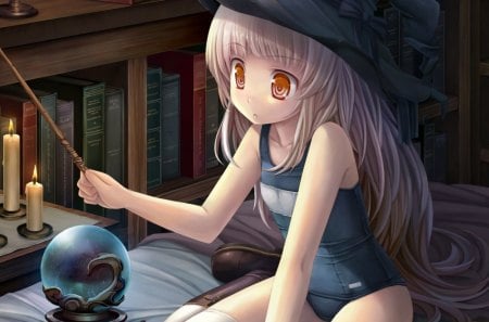 Practicing magic - cute, halloween, anime, girl, blue, manga, witch, blonde hair, magic, books, sorceress, crystal ball