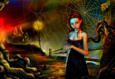 Halloween - moon, cemetery, scary, girl, light, night, spider, black, web, halloween, lantern, red, tree, dress