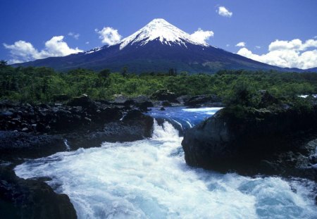 waterfalls in the petrohue river in chile - forest, volcano, falls, river