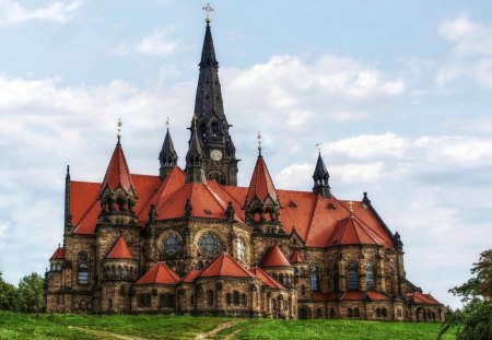 glorious st. martins church - steeple, red roof, church, grass