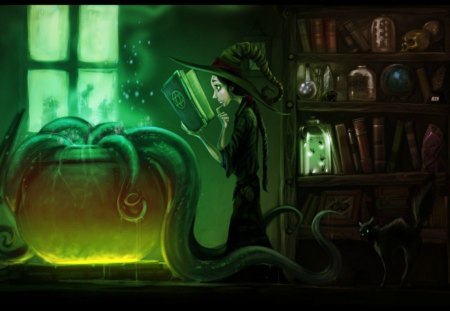 Witch - cat, magic, book, black, witch, halloween, sorceress, green, animal, pot