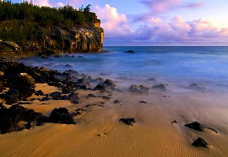 sunset in poipu kauai - rocks, clouds, beach, sunset, sea