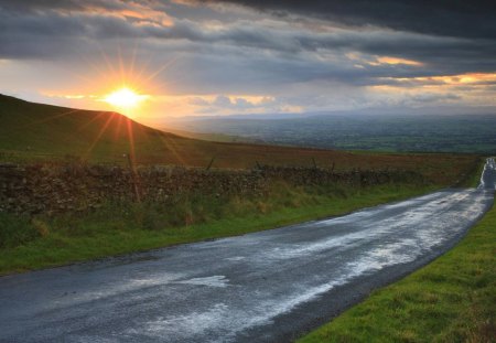 traveling through n. yorkshire at sunset - clouds, valley, highway, fields, sunset