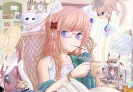 anime lady - hat, anime, book, girl, bunny, manga, glasses, eyelets, cats, ribbon, squirrel, animals